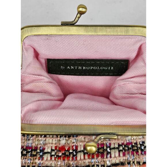 ANTHROPOLOGIE MULTICOLORED TWEED SMALL COIN BAG POUCH - KISS CLASP - PINK LINING - Picture 5 of 10